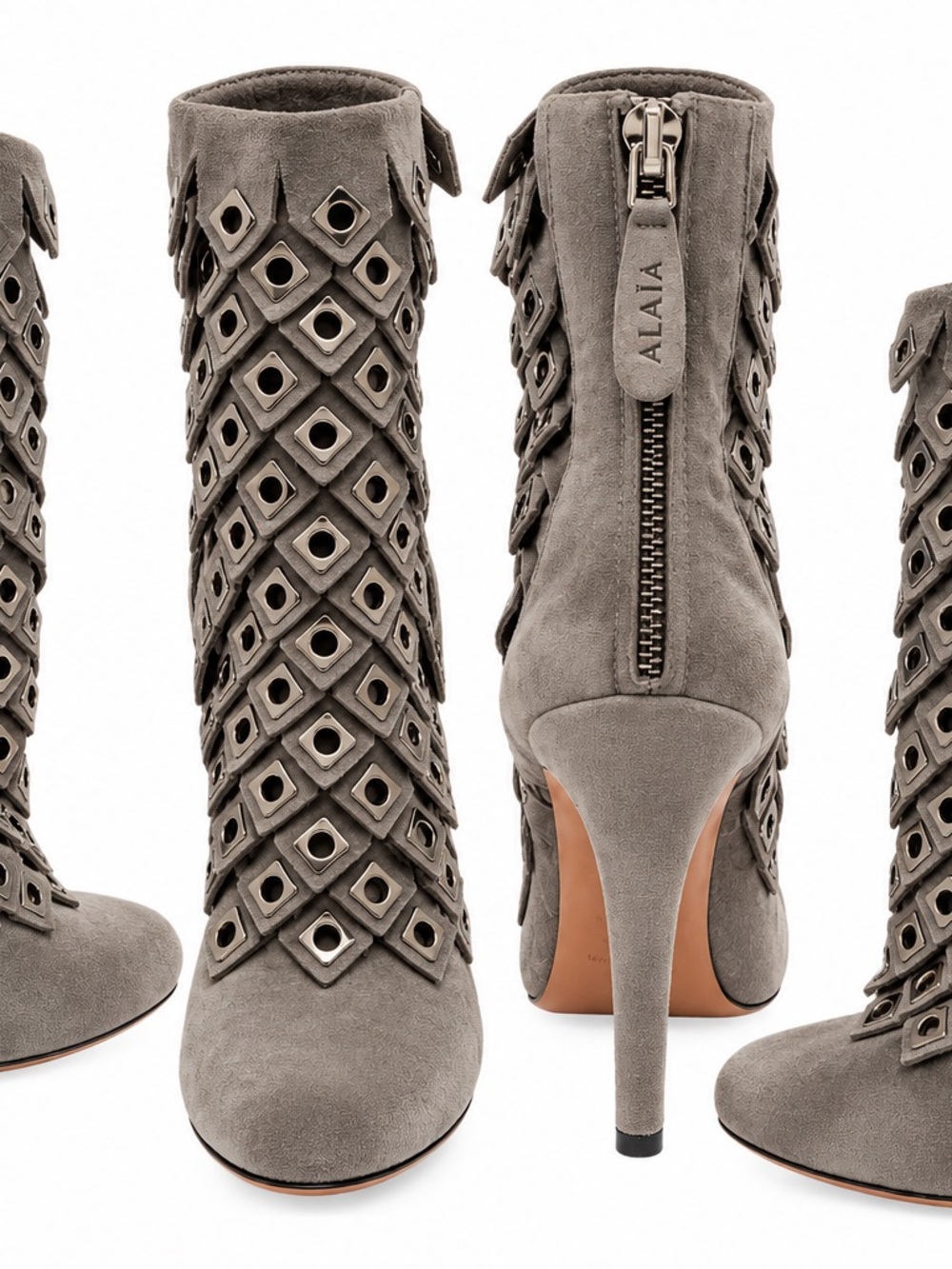 Alaia Gray Suede Cutout Stiletto Ankle Boots